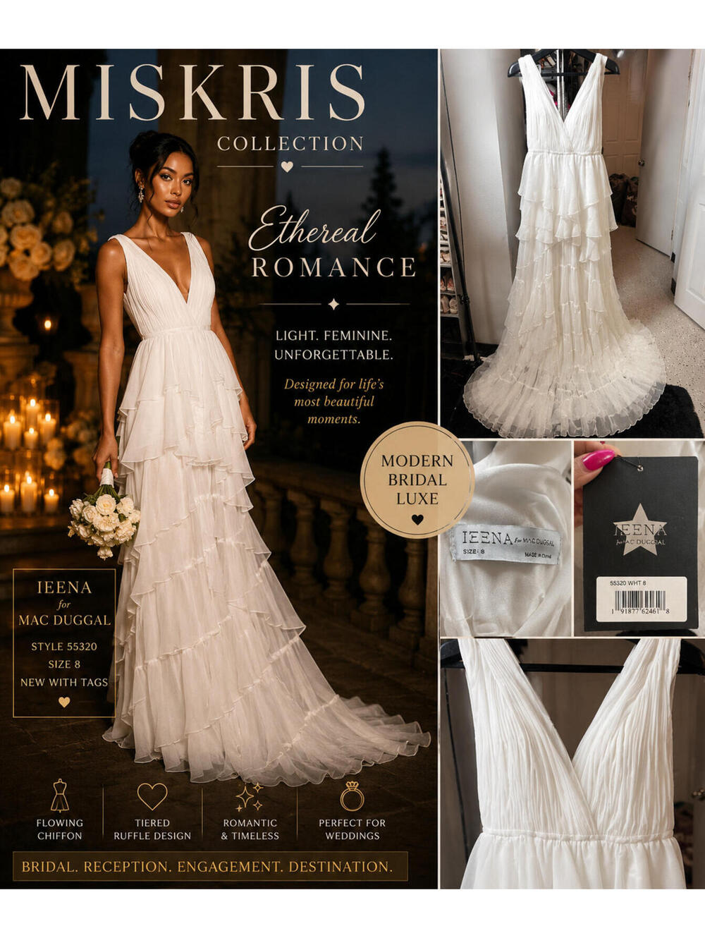 Ieena Mac Duggal 55320 White Ruffle Tiered Maxi Gown Size 8 Bridal Reception Dre